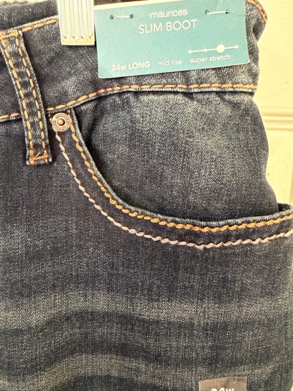 Maurices Dark Crosshatch Mid Rise Thick Stitch Bootcut Jean - 24W TALL - Picture 3 of 9